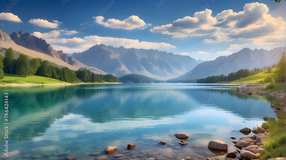 Beautiful lake and mountain scenery in the summertime.