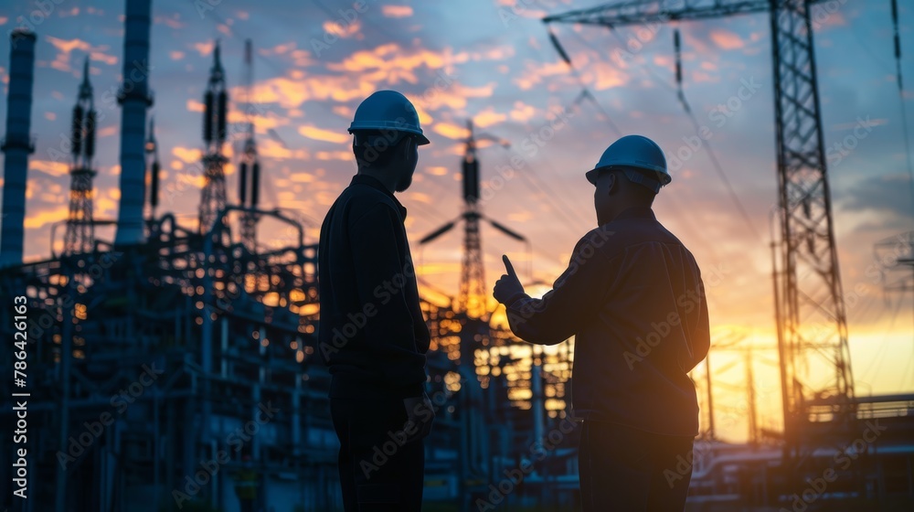 Silhouettes of two engineers standing at a power station, discussing plans, industrial, pollution, factory, environment, smoke, sky, ecology, plant, steam