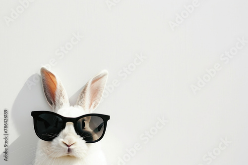 Cool and Funny White Rabbit Wearing Stylish Sunglasses on White Background with Copy Space