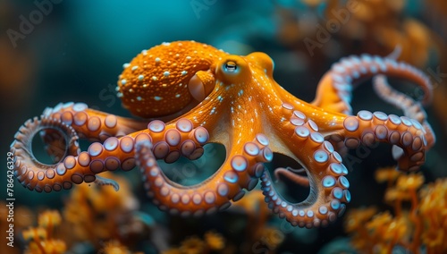 A closeup shot of a giant Pacific octopus swimming gracefully in the marine ecosystem. This cephalopod organism is a fascinating subject in marine biology studies