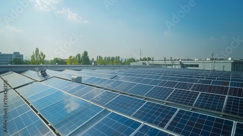 Solar panel on factory or house roof top. Photovoltaic power supply systems. Solar power plant. The source of ecological renewable energy  environment  power  technology