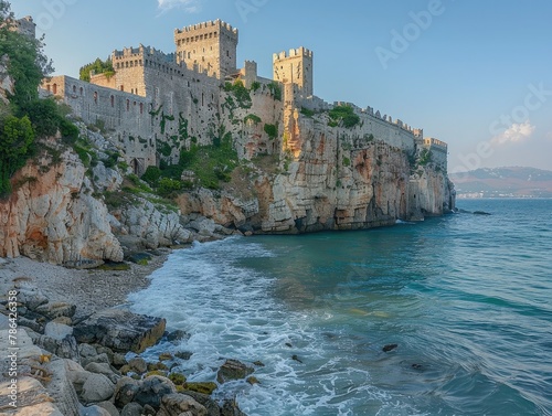 A majestic castle perched atop a rugged cliff overlooking the sea, with waves crashing against the rocks below medieval fortress The warm light of sunrise bathes the castle in a golden glow, evoking