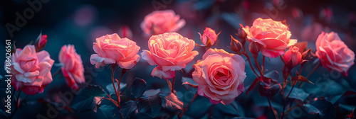 Enchanting Twilight Glow on a Garden of Blooming Roses photo