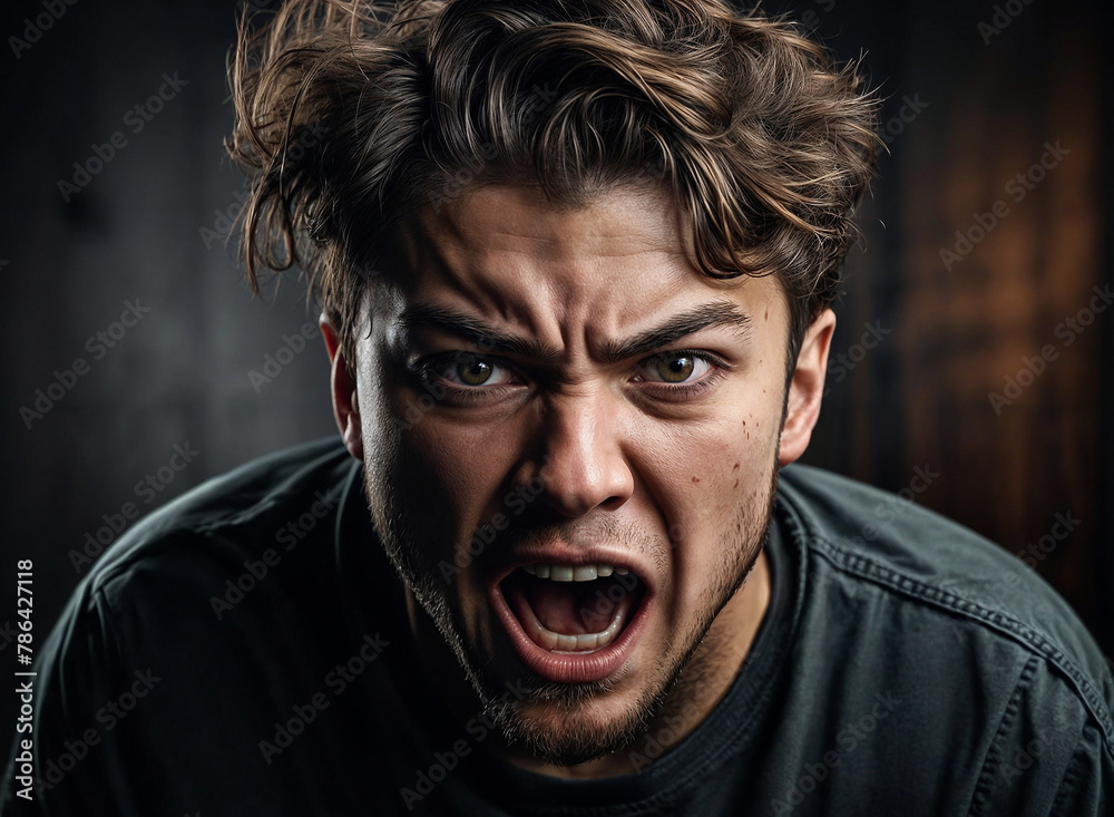 A young man with a messy hairstyle is making an angry face with his mouth wide open and his eyebrows raised A young man with a messy hairstyle is making an angry face with his mouth wide open and his eyebrows raised