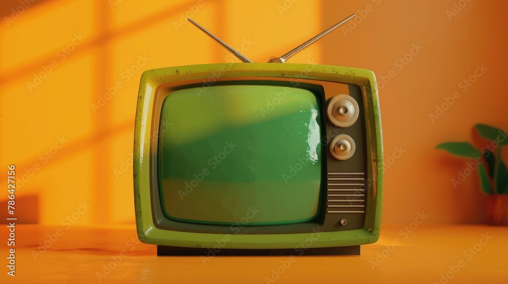 
Retro green television on a bright orange background.