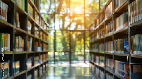A blurred background of a modern library with bookshelves and sunlight.