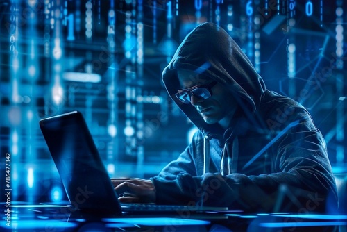 Hacker working on laptop at night in dark room with binary code