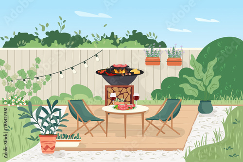 Patio area with cooking grill. House backyard with outdoor kitchen, green plants Garden modern furniture for barbecue and picnic. Outdoor furnished yard for BBQ summer parties Flat vector illustration