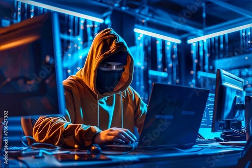 Hacker in mask and hood working with laptop in cyber security concept