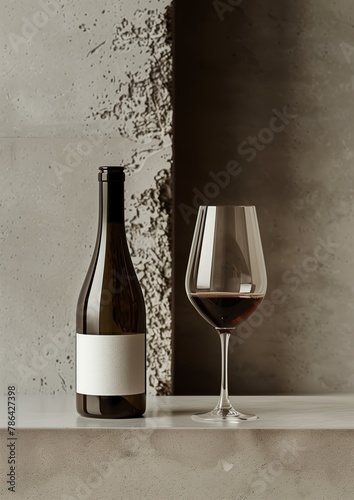 Bottle and glass of red wine on a grey stone background. Copy space space for text  generative AI