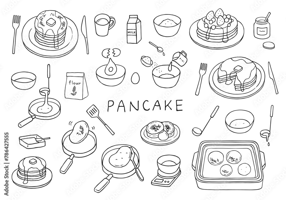パンケーキにまつわる手描きイラストセット（モノクロ）