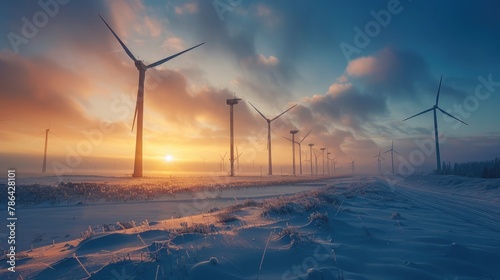 Rows of wind turbines provide power in a beautiful winter evening landscape.