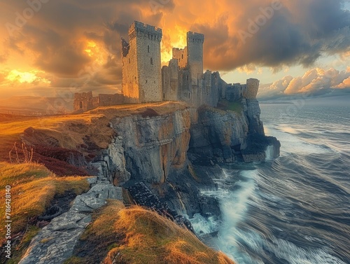 A majestic medieval castle perched atop a rugged cliff overlooking the sea, with waves crashing against the rocks below ancient stronghold The warm glow of sunset bathes the castle in a golden light