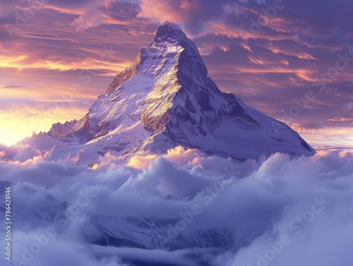 A majestic mountain peak rising above swirling clouds, with the first light of dawn painting the sky in hues of purple and gold alpine splendor Soft, ethereal lighting imbues the scene with a sense #786428146