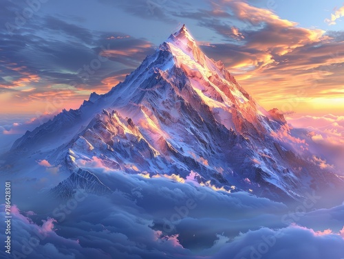 A majestic mountain peak rising above swirling clouds, with the first light of dawn painting the sky in hues of pink and gold alpine splendor The awe-inspiring beauty of the mountain landscape