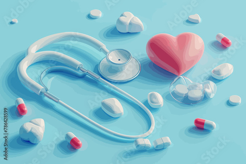 a stethoscope, pills and a heart on a blue background
