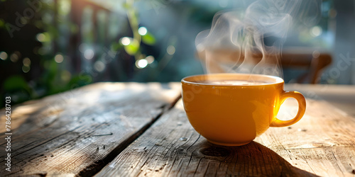 a cup of tea on a wooden table Wake up coffee cup Cozy winter background in the green garden A close-up of a steaming hot coffee cup against a rustic wooden tabletop