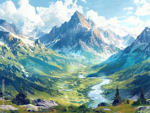 A majestic mountain range stretching into the distance, with rugged peaks towering over lush valleys and meandering rivers alpine wilderness The grandeur of the mountains is portrayed © Cool Patterns