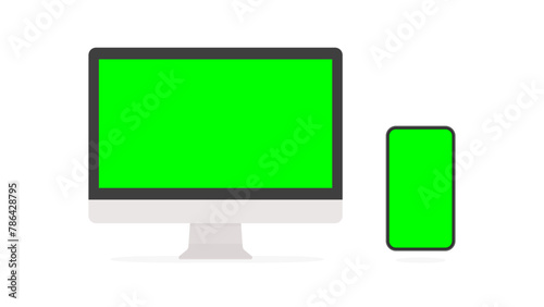 緑色のディスプレイのパソコンとスマホのセット - グリーンバック･クロマキー合成のテンプレート素材
 photo