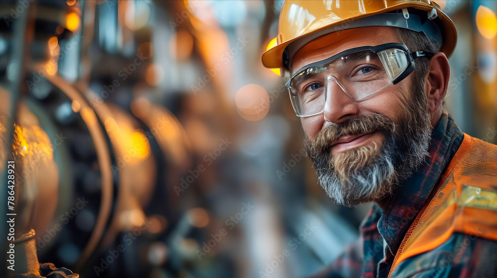 A man in a hard hat and glasses is smiling. A man in a hard hat and glasses is smiling.