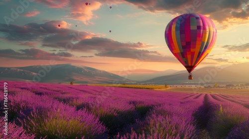 Hot air balloon soaring over lavender fields, early morning light, freedom and serenity