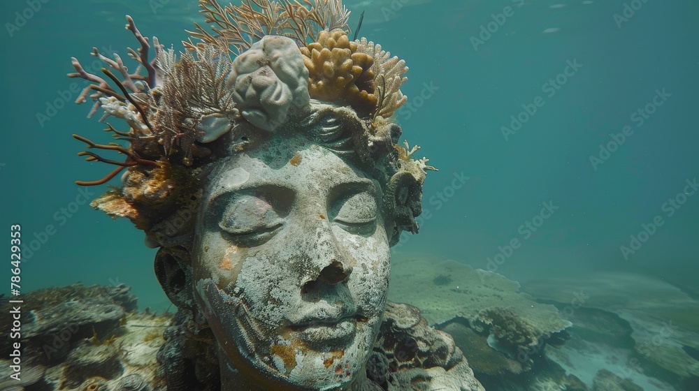 Sunken statue with coral crown, oceans relic, maritime mystery