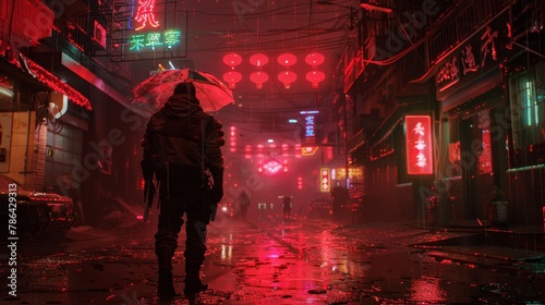 Rogue bounty hunter in cyberpunk backstreets, red neon rain, shadow operative photo