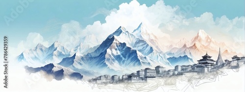Double exposure minimalist artwork collage illustration featuring Mount Everest and the Kathmandu cityscape.