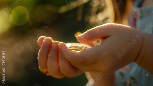 Close up of gleaming gold ring on young girl s hand shining brilliantly in the sunlight