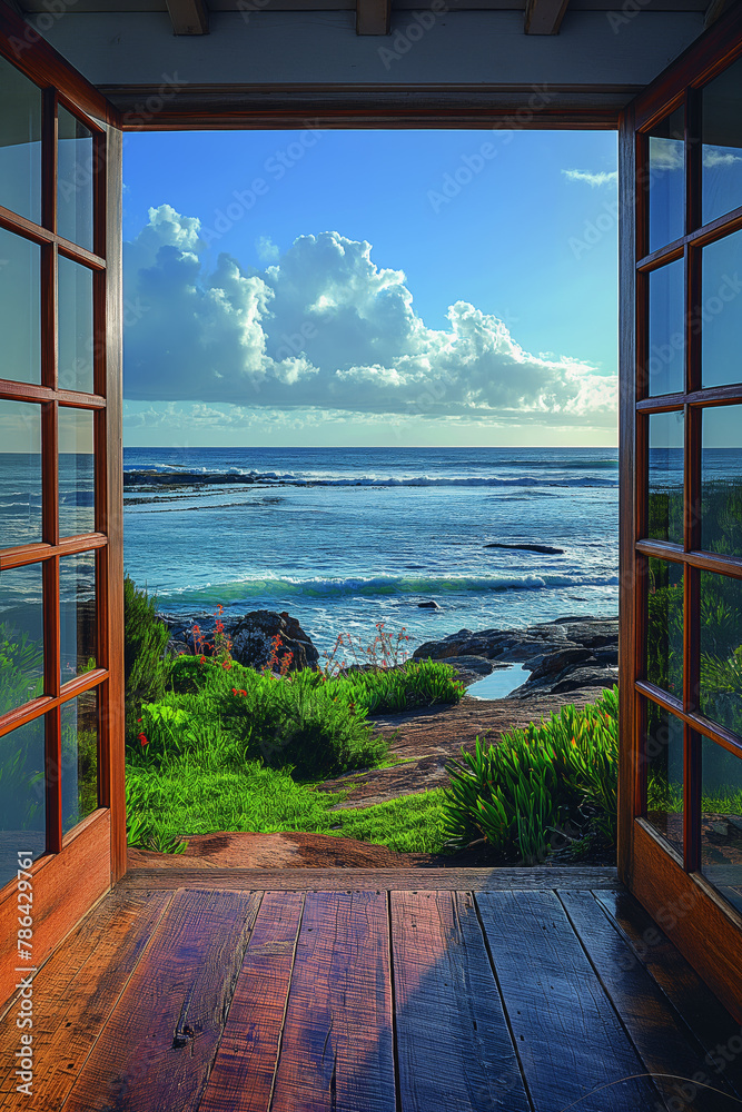 Fototapeta premium Offenes Fenster oder Tür mit Meerblick,Cape Leeuwin, Australia