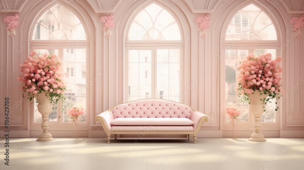 Elegant Wedding Scene: Pink Vintage Backdrop with Arched Doorways - obrazy, fototapety, plakaty 