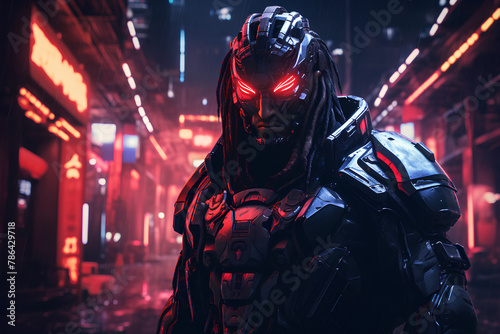 Samurai robot characters in neon cyberpunk city