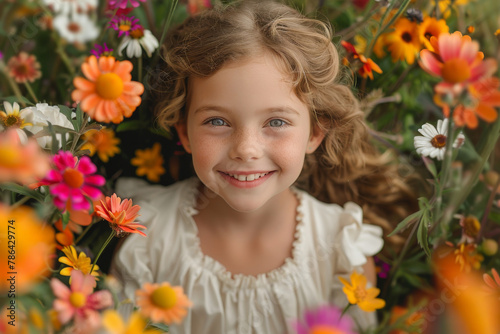 Radiant Child Amongst Vibrant Wildflowers in Springtime