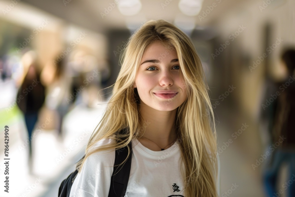 A beautiful blonde girl in a white t-shirt and a backpack is standing in a university corridor.