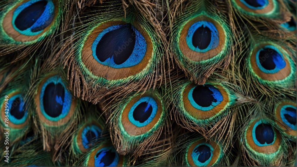 Fototapeta premium blue and green feathers of peacock close-up from Generative AI