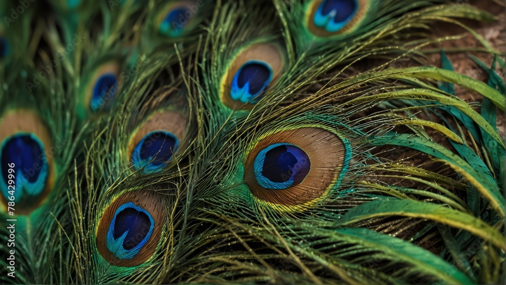 Fototapeta premium green feathers of peacock close-up from Generative AI