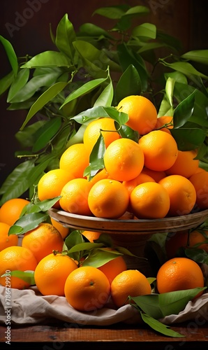 Ripe oranges with green leaves on wooden table