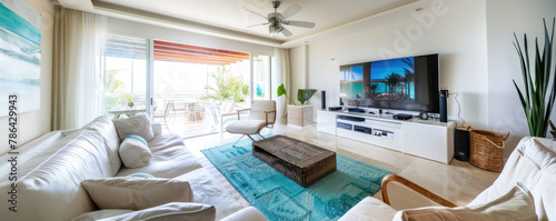 modern living room with white walls, glass door to a balcony and a big tv on the wall, a light blue turquoise rug on the floor, modern furniture, daylight, wide angle shot