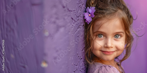 Young Girl with Flower in Hair Smiling Against Purple Background