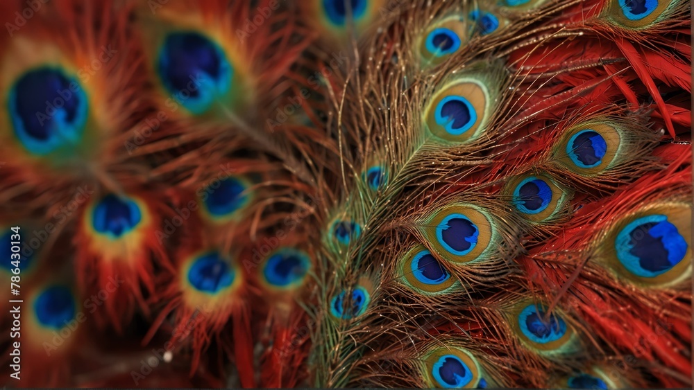 Fototapeta premium red feathers of peacock close-up from Generative AI