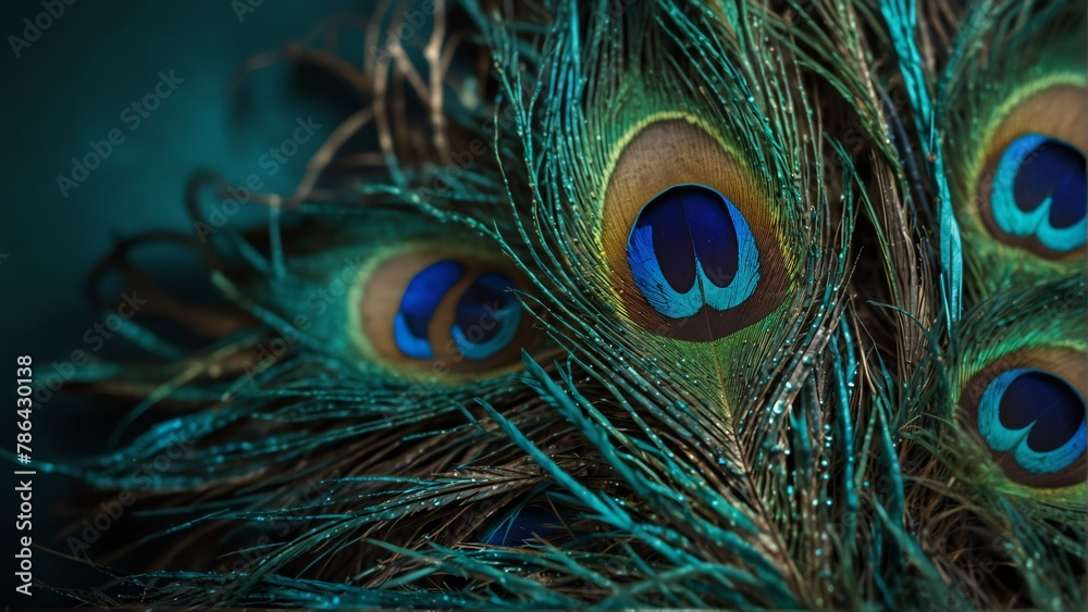 Fototapeta premium teal feathers of peacock close-up from Generative AI