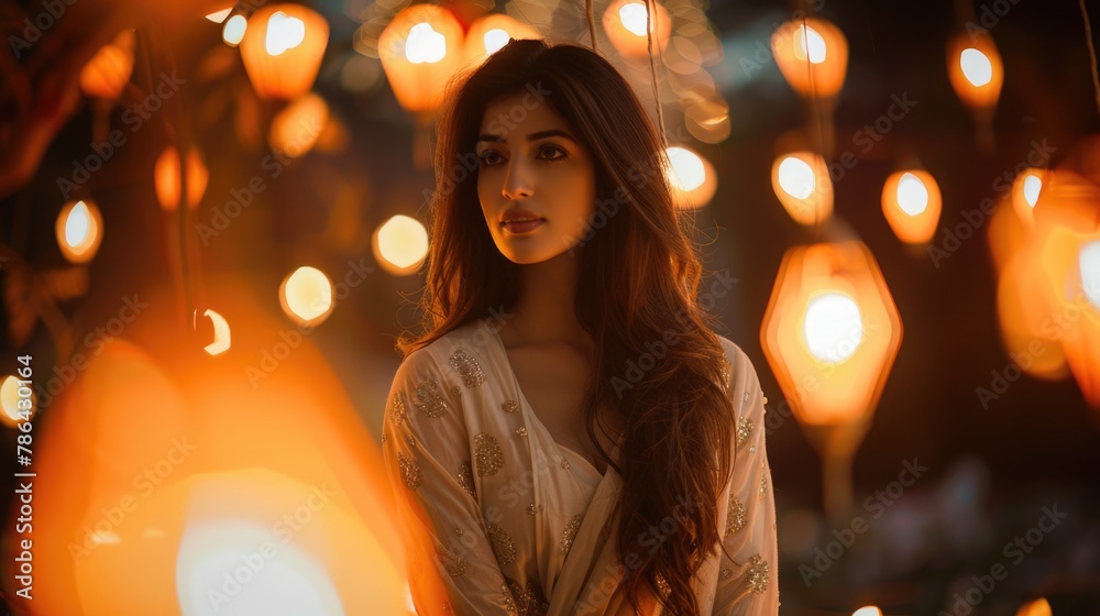 A beautiful Indian woman against the background of candles in orange lanterns, the light is reflected on her face. A beautiful Indian woman against the background of candles in orange lanterns, the light is reflected on her face.