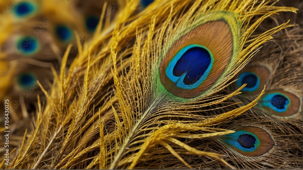Fototapeta premium yellow feathers of peacock close-up from Generative AI