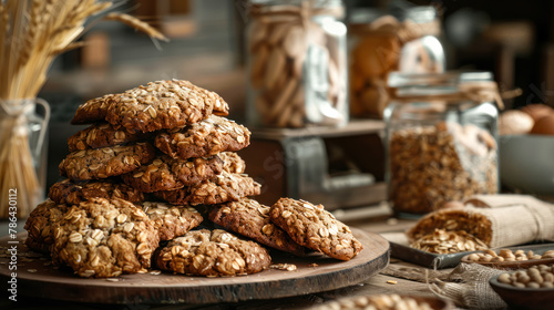 Delicious and crunchy oatmeal cookies, oatmeal flakes and ears of corn on dark wooden background. Recipe, bakery menu, healthy dessert. Side view, rustic, country style. Oatmeal biscuits photo