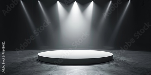 Empty concert stage with illuminated spotlights and smoke. Stage background , white spotlight and smoke, empty black round podium with spotlight, banner
