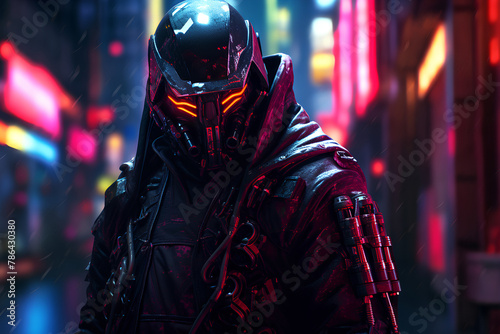 Samurai robot characters in neon cyberpunk city