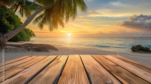 Golden Hour Bliss: Wooden Floor with Sunset Beach View