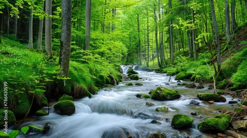 The beauty of the river flowing through the lush green forest