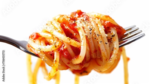 Spaghetti at the peak of twirl on a fork, sauce cascading down, bright red on white, high contrast ,3DCG,high resulution,clean sharp focu