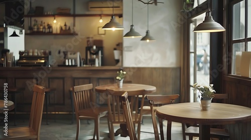 A cozy café with minimalist décor wooden tables and hanging pendant lights   photo